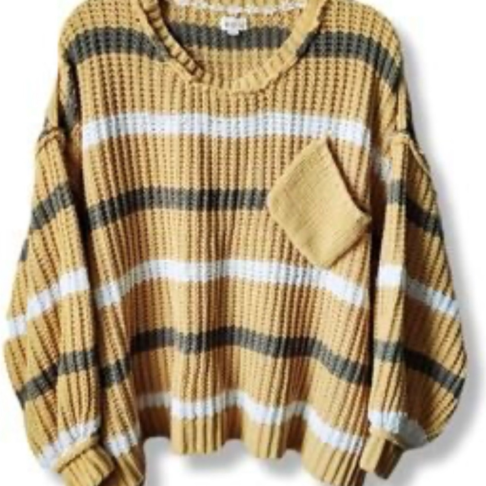 POL Mustard Striped Waffle Knit Sweater with Chest Pocket